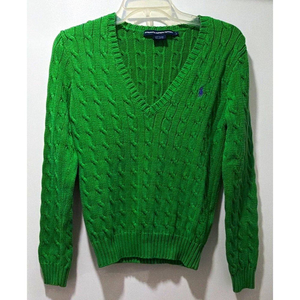 VTG Ralph Lauren Sport Green Cable Knit V-Neck Sweater Wm Size L (Fits Smaller)